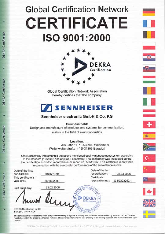 Сертификат соответствия ISO 9001 продукции Sennheiser